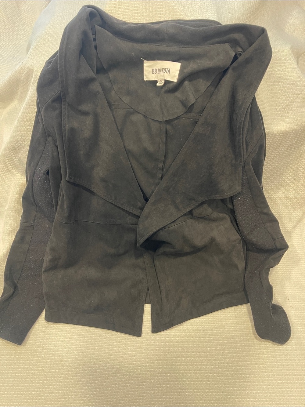 BB Dakota Charcoal Black Draped Open Suede-Look Blazer